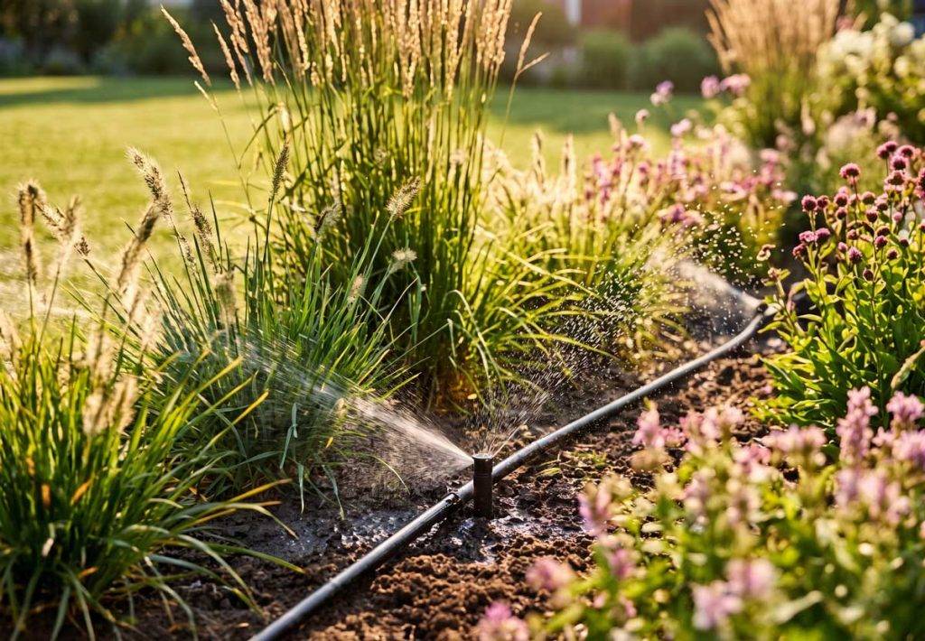 Automatische Tropfbewässerungsleitung im Blumenbeet mit Ziergräsern und Lavendel – ressourcenschonendes Bewässerungssystem von Gartenkonzepte