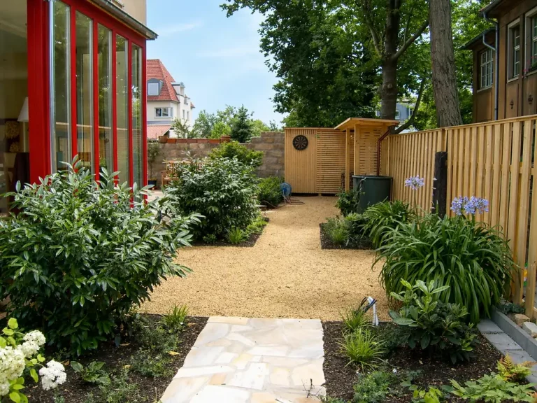 Gepflegter Privatgarten mit Kiesfläche, Naturstein-Trittsteinplatten, Sträuchern und Sichtschutz-Holzzaun