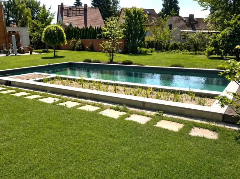 Moderner Schwimmteich mit Pflanzzone und Trittsteinplatten in einem gepflegten Privatgarten mit sattem Rasen