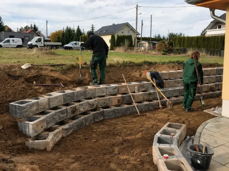 Zwei Fachkräfte in Arbeitskleidung beim Bau einer Betonstützmauer für eine neue Außenanlage