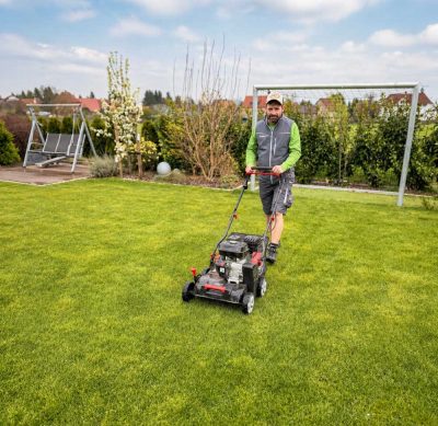 Gartenkonzepte-Mitarbeiter mäht den Rasen in einem gepflegten Privatgarten in Pirna – professionelle Grün- und Rasenpflege vor Ort