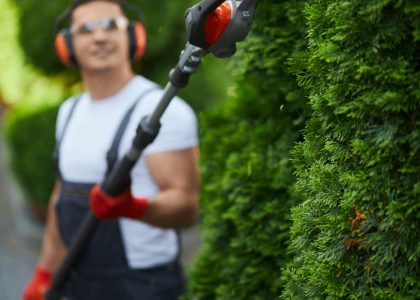 Ein Mitarbeiter von Reinigungskonzepte Hamburg schneidet die Hecke eines Kunden, dabei trägt er moderne Sicherheitskleidung.