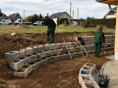 Zwei Fachkräfte in Arbeitskleidung beim Bau einer Betonstützmauer für eine neue Außenanlage